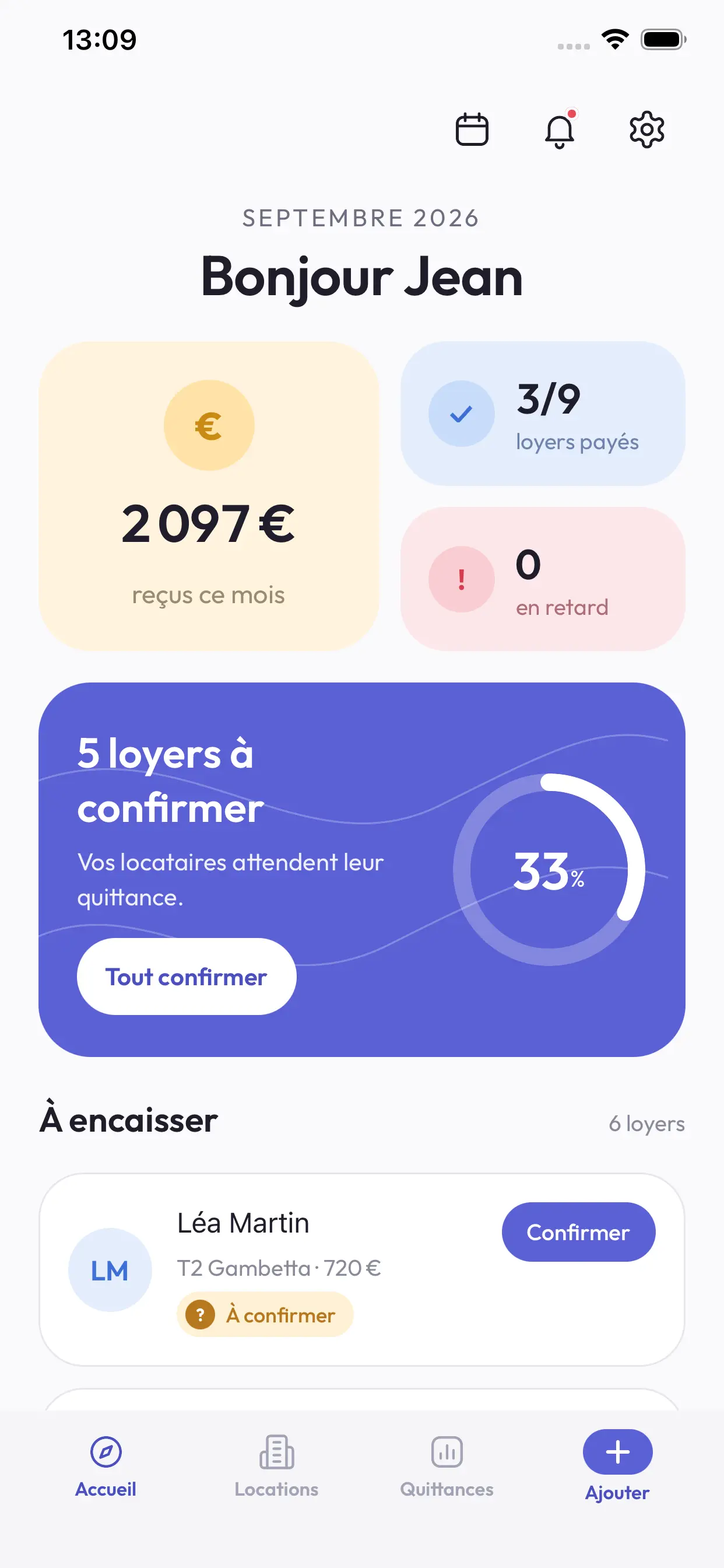 Écran d’accueil de Quittalia : loyers reçus et loyers à encaisser du mois