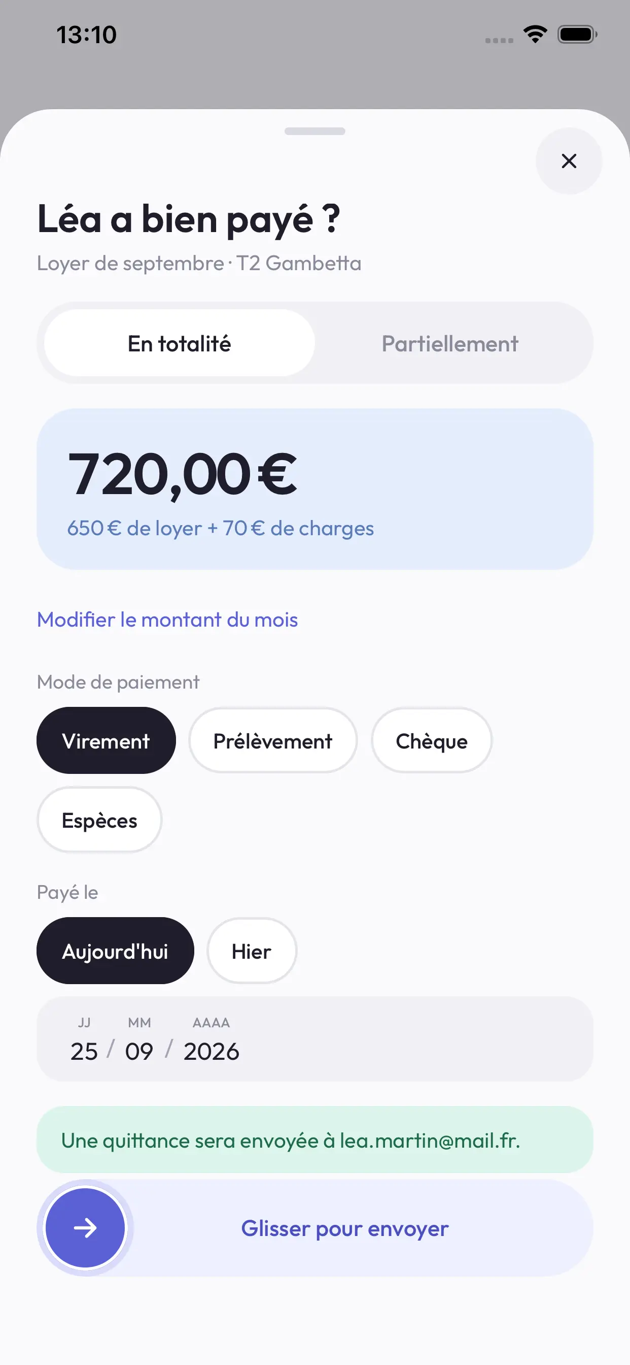 Feuille de confirmation d’un loyer dans Quittalia