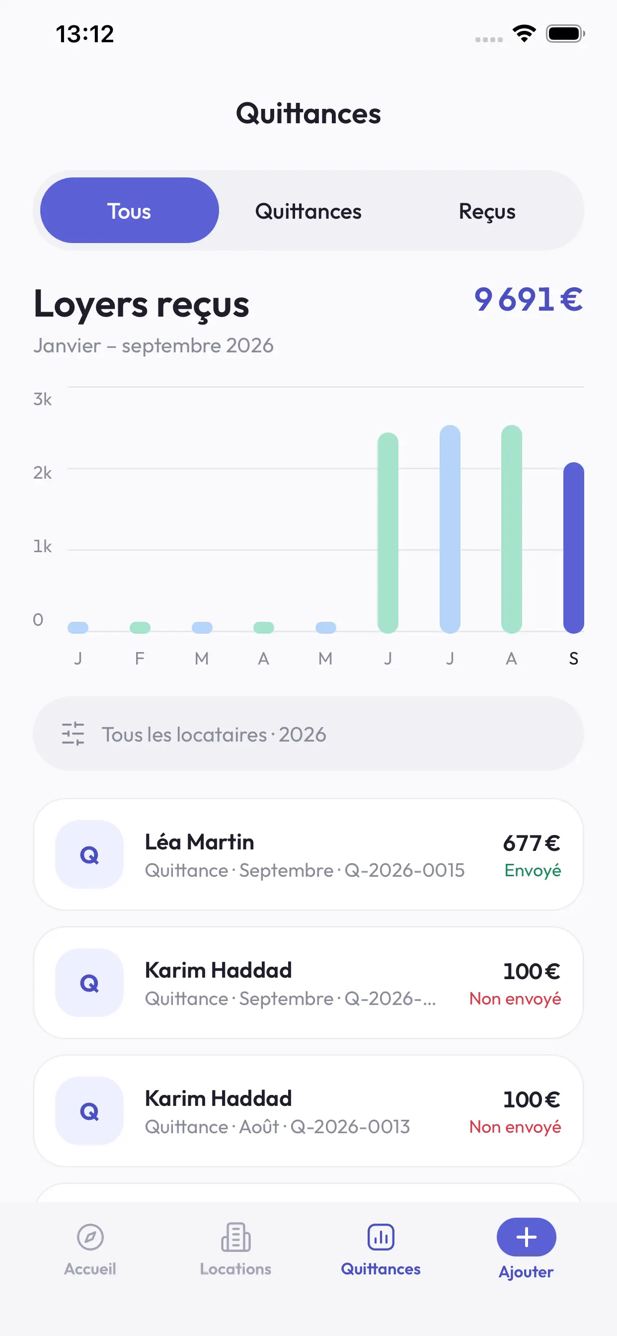 Onglet Quittances de Quittalia avec l’historique filtrable