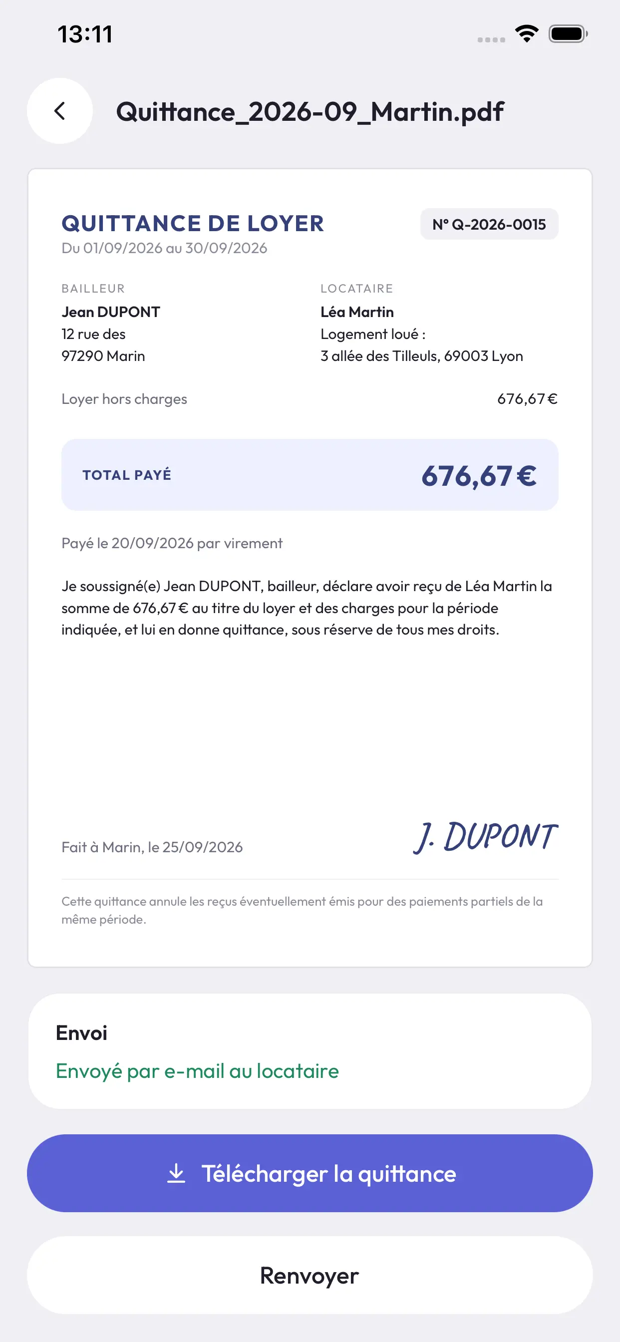 Aperçu d’une quittance de loyer générée par Quittalia